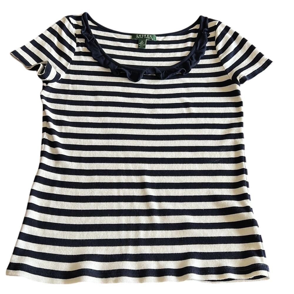 Lauren Ralph Lauren Size M Navy Blue & White Striped Knit Top Blouse - Picture 4 of 8